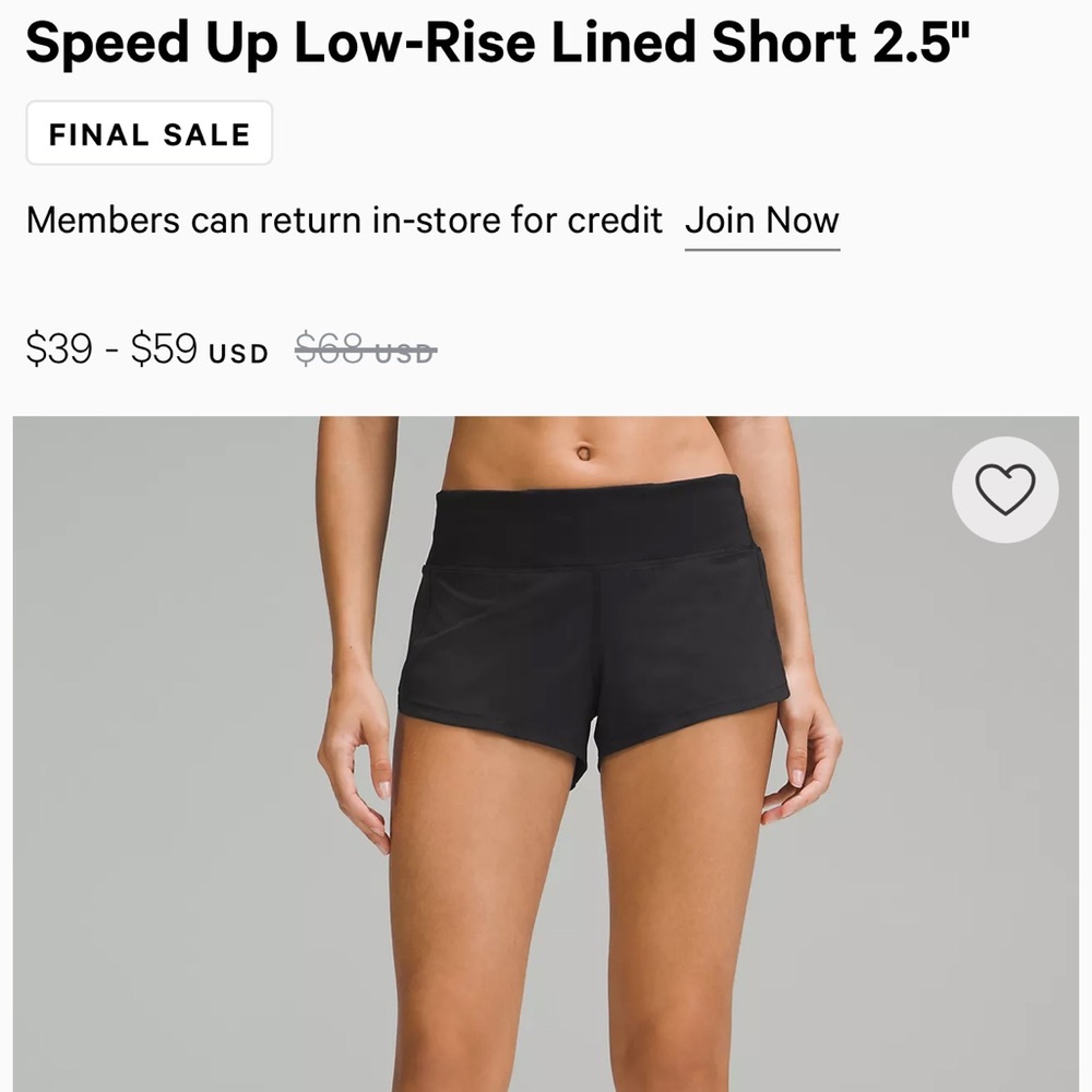 Women’s Lululemon Speed Up Low-Rise 2.5” black shorts - size 4